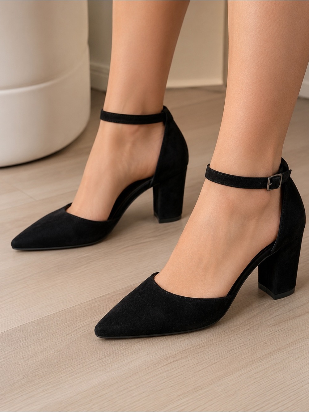 Black Suede-Look Pointed-Toe Ankle-Strap Block Heels | 2 inch Heel